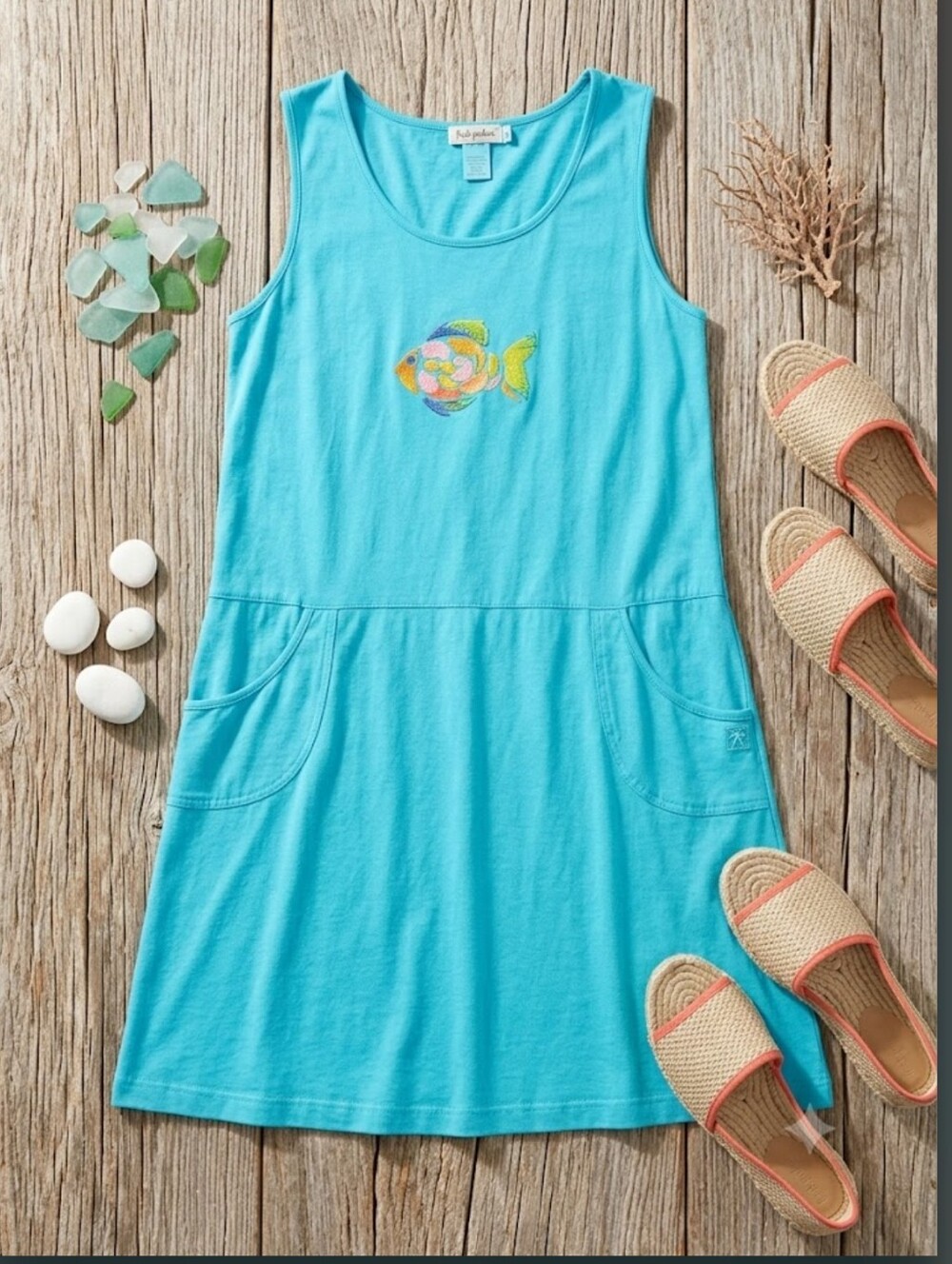 Vintage Fresh Produce Fish Graphic Shift Dress Aqua Blue Cotton Pockets XL